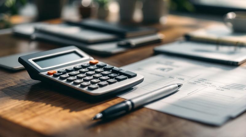 Taschenrechner, Lohnabrechnung und Notizblock auf einem hölzernen Schreibtisch