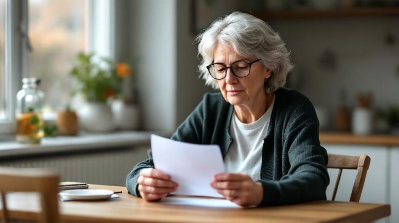 Frau Ende 50 blickt nachdenklich auf einen Brief vom Arbeitsamt am Küchentisch