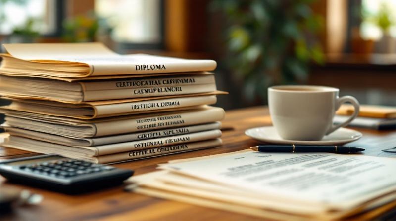 Dokumentenstapel mit mehrsprachigen Zeugnissen und einem Taschenrechner auf Schreibtisch