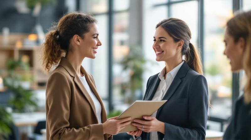 Frau gibt Lebenslauf im Personalbüro ab, Händedruck mit HR-Managerin