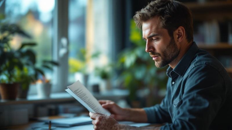Nachdenklicher Berufstätiger sitzt mit Unterlagen am Schreibtisch und schaut aus dem Fenster