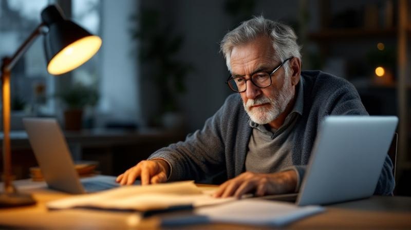 Mann Ende 50 am Schreibtisch mit Prüfungsunterlagen und Laptop im abendlichen Licht
