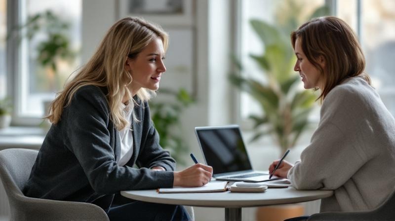 Frau im Gespräch mit einem Coach, beide schauen auf Notizbuch und Laptop