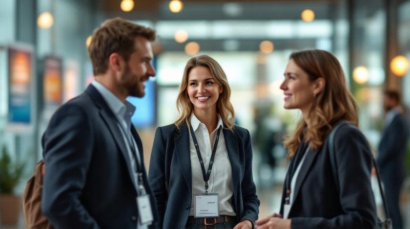 Selbstständiger auf einer Verbandstagung im Gespräch mit zwei Teilnehmern