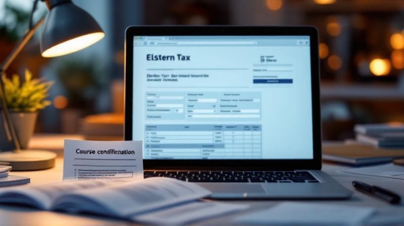 ELSTER-Formular am Bildschirm mit Belegen und Kursbescheinigung daneben