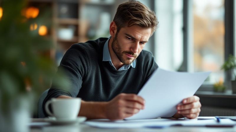Mann hält einen Gutscheinbogen und prüft ihn an einem ruhigen Schreibtisch