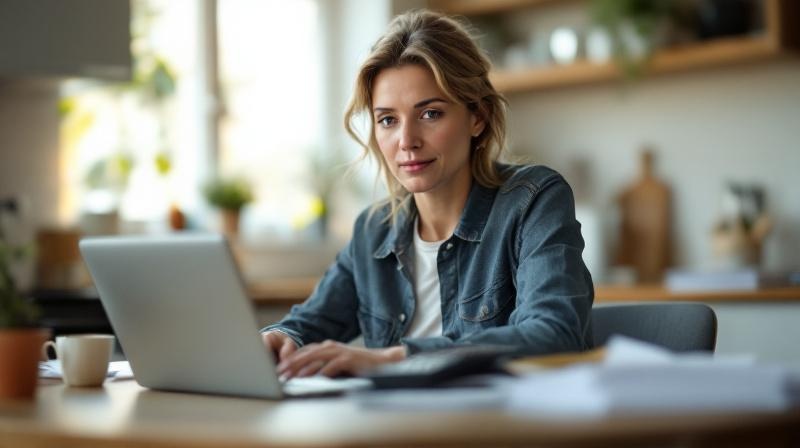 Frau am Küchentisch mit Laptop und Rechnungen, sortiert Unterlagen