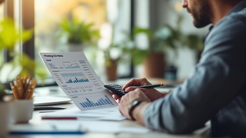 Selbstständiger Mann am Schreibtisch prüft eine Finanzierungsübersicht mit Taschenrechner