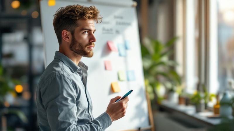 Junger Mann vor Whiteboard mit Gründungsnotizen, bearbeitet Notizzettel
