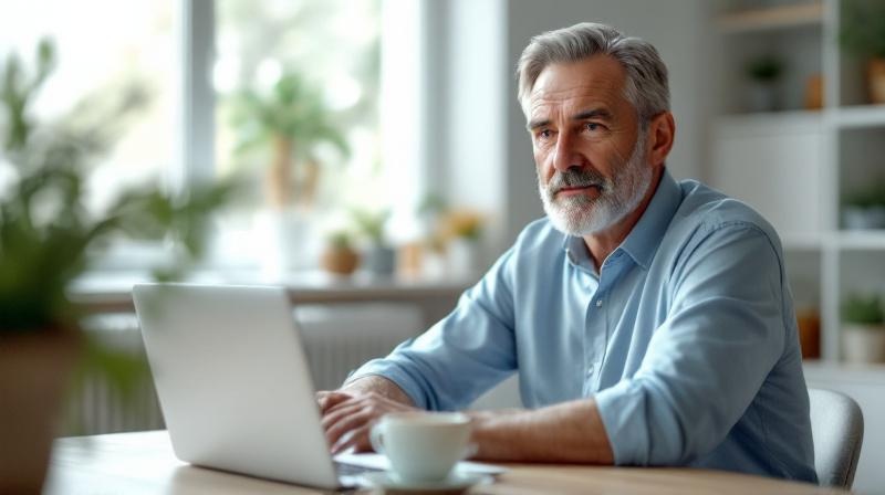 Mann Ende 50 im hellen Arbeitszimmer mit Laptop, wirkt ruhig und konzentriert