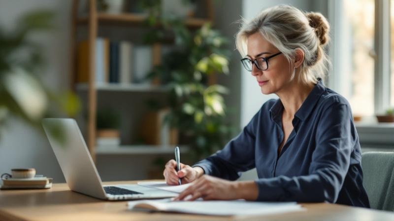 Selbstständige Frau am Laptop recherchiert Förderprogramme, Notizen neben dem Gerät