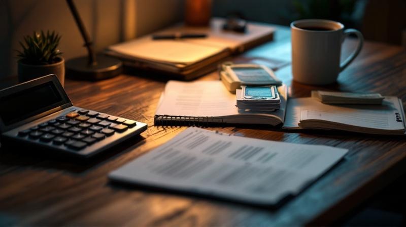 Schreibtisch mit Taschenrechner, Rechnungen, Notizbuch und Tasse Kaffee bei gedämpftem Licht