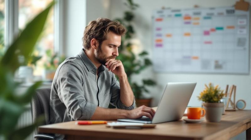 Frau mit Laptop am Esstisch, Wandkalender mit Terminen im Hintergrund