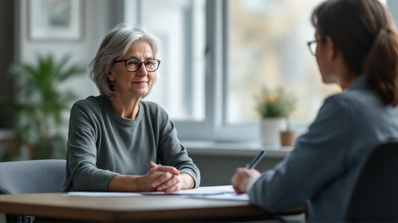 Frau Anfang 60 im Beratungsgespräch, gegenüber sitzt eine Vermittlerin, sachliche Atmosphäre
