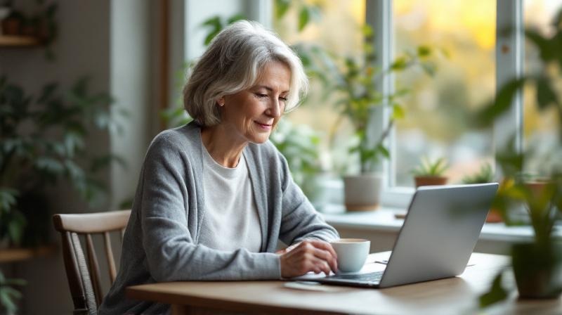 Frau Mitte 50 an einem Esstisch mit Laptop und Tee, macht eine Pause beim Lernen