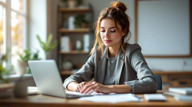 Gründerin sortiert Geschäftsunterlagen am Schreibtisch, Notizen zur Startphase