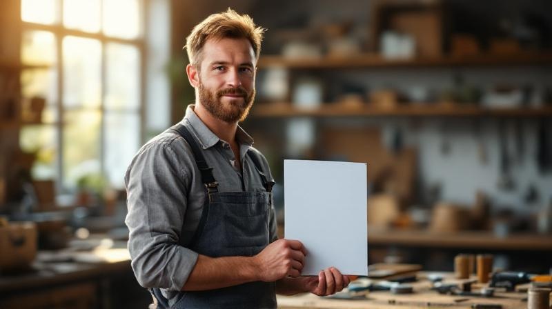 Handwerksmeister in Werkstatt mit Urkunde und Werkzeug auf dem Arbeitstisch
