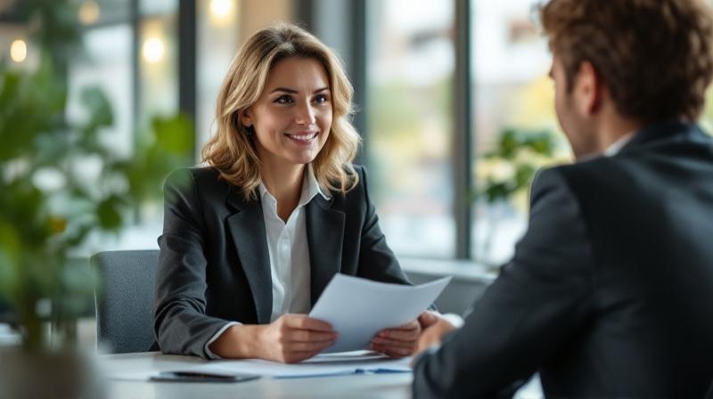 Selbstständige Frau im Beratungsgespräch mit Fachreferent zu IHK-Kursen