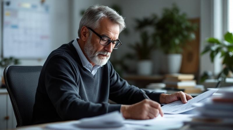 Mann Mitte 50 sitzt am Schreibtisch mit Dokumenten und einem Terminkalender