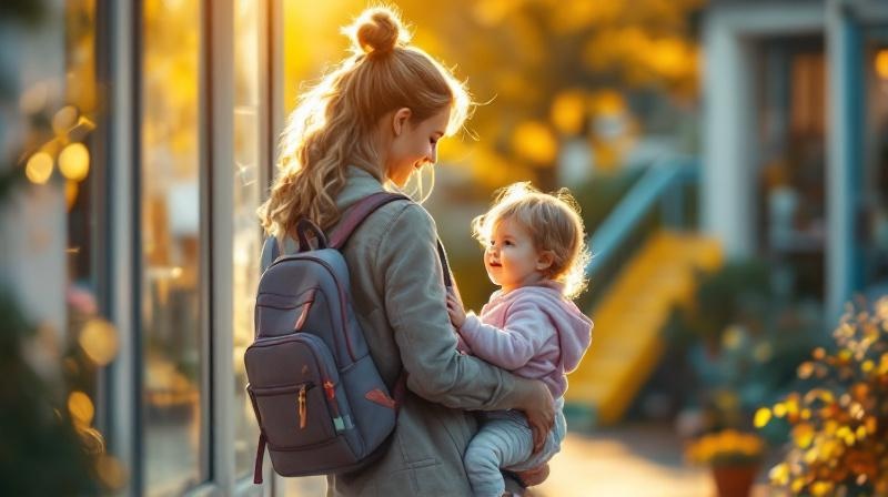 Kleinkind im Kindergarten, Mutter im Hintergrund am Handy