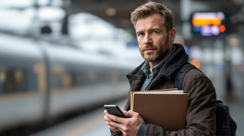 Mann am Bahnhof mit Handy und Bewerbungsmappe, wartet am Gleis