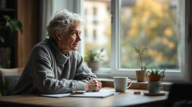Person sitzt ruhig am Fenster mit Tasse Kaffee und Notizbuch, Blick nach draußen