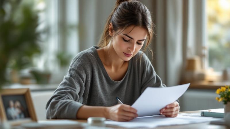 Frau prüft Bescheide am Schreibtisch, Kinderfoto im Bilderrahmen