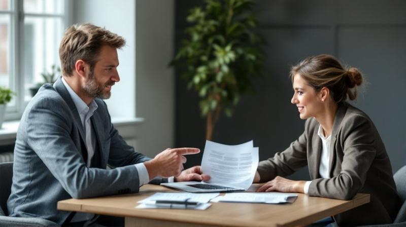 Zwei Berufstätige besprechen Unterlagen zur QCG-Förderung am Meeting-Tisch