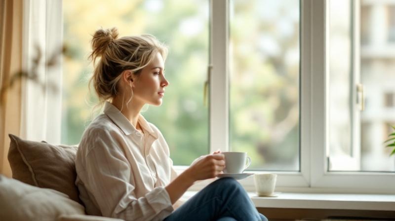 Frau sitzt ruhig am Fenster mit Tee in der Hand, Blick nach draußen, Morgenlicht