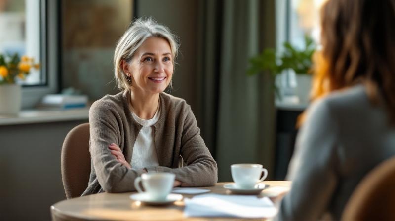 Frau bei einer Reha-Besprechung, zwei Tassen Tee und Unterlagen auf dem Tisch