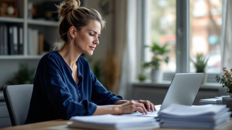 Frau Anfang 50 am Computer mit Rentenunterlagen und Ordnern auf dem Schreibtisch