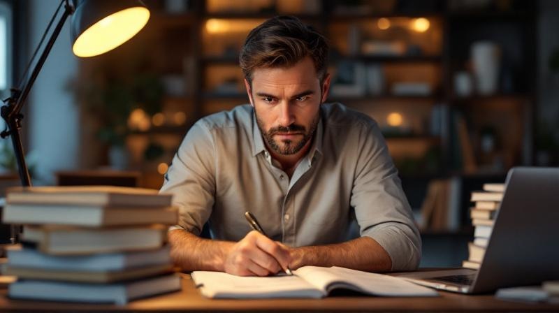 Prüfling am Schreibtisch mit Fachbüchern und Notizen zur Steuerfachwirt-Prüfung