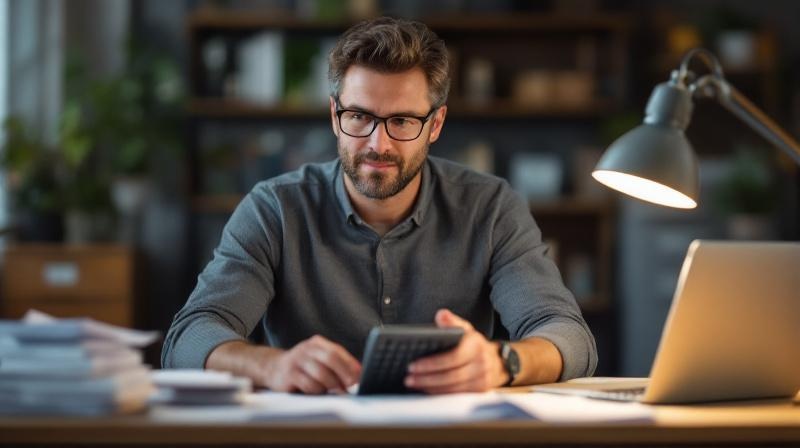 Selbstständiger Mann rechnet mit Taschenrechner und Steuerbelegen am Schreibtisch