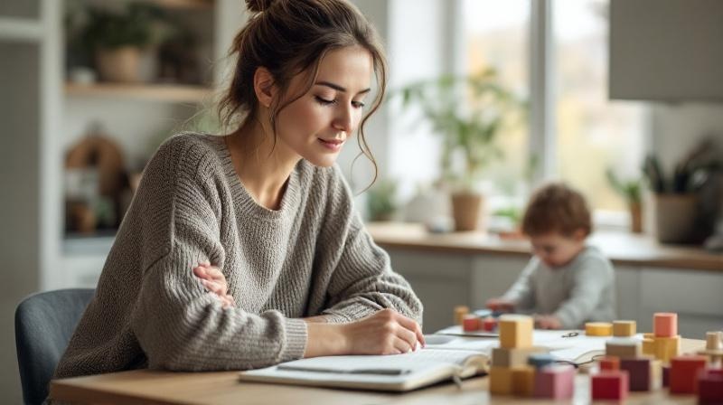 Junge Mutter sitzt am Küchentisch mit Laptop und Notizbuch, Kind spielt im Hintergrund