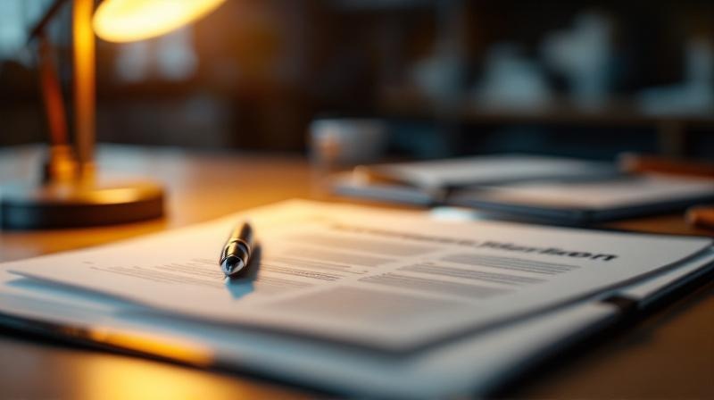 Aktenmappe mit Bescheiden der Deutschen Rentenversicherung und einem Stift auf einem Schreibtisch