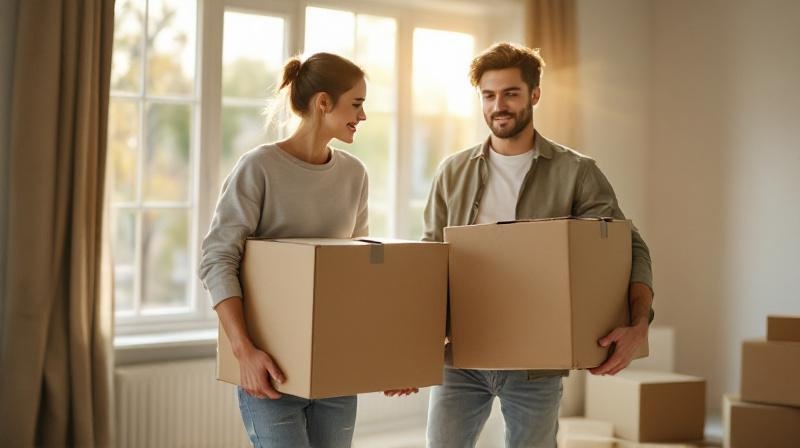 Paar trägt Umzugskartons in ein leeres Wohnzimmer, Umzugsstimmung