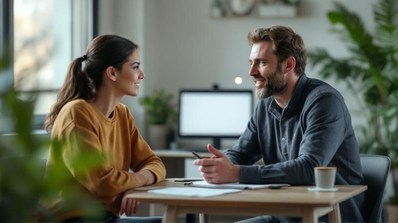 Zwei Menschen sitzen sich in einem schlichten Büro gegenüber und führen ein strukturiertes Beratungsgespräch