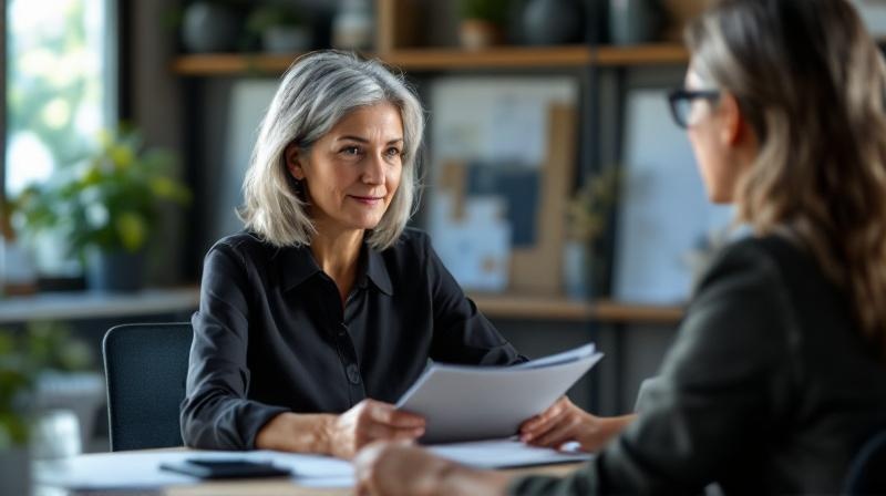 Frau Mitte 50 sitzt einem Vermittler im Arbeitsamt gegenüber, beide schauen in Unterlagen