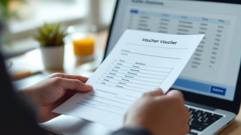 Hand hält einen Gutschein über einem Laptop mit Stellenanzeigen im Hintergrund