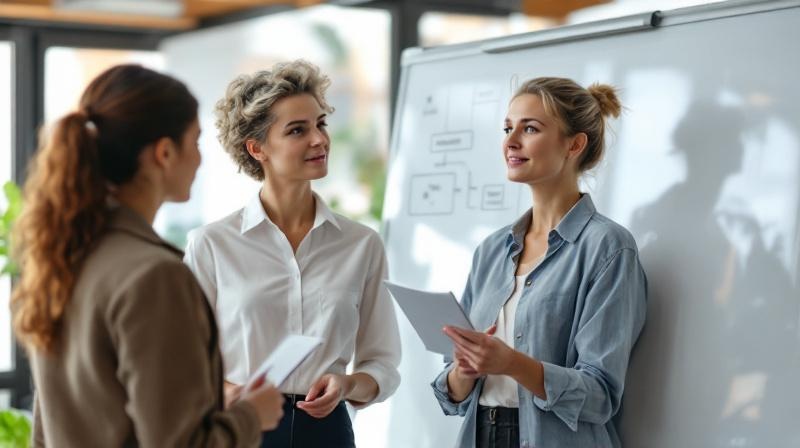 Erfahrene Fachkraft Mitte 50 erklärt jüngerer Kollegin etwas am Whiteboard im Büro