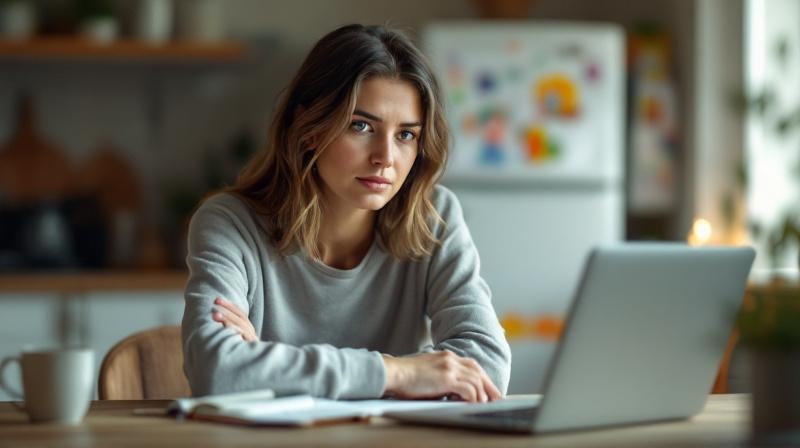 Frau am Küchentisch mit Laptop, Kinderzeichnung am Kühlschrank im Hintergrund