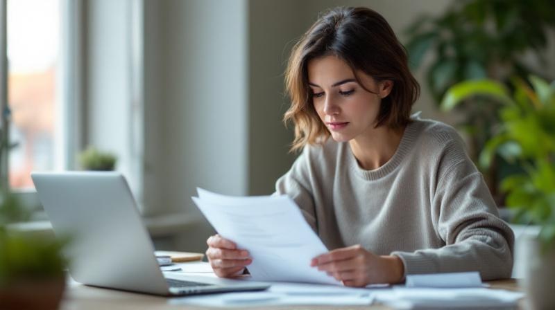 Frau im Home Office prüft Unterlagen zur Weiterbildung als Arbeitnehmerin