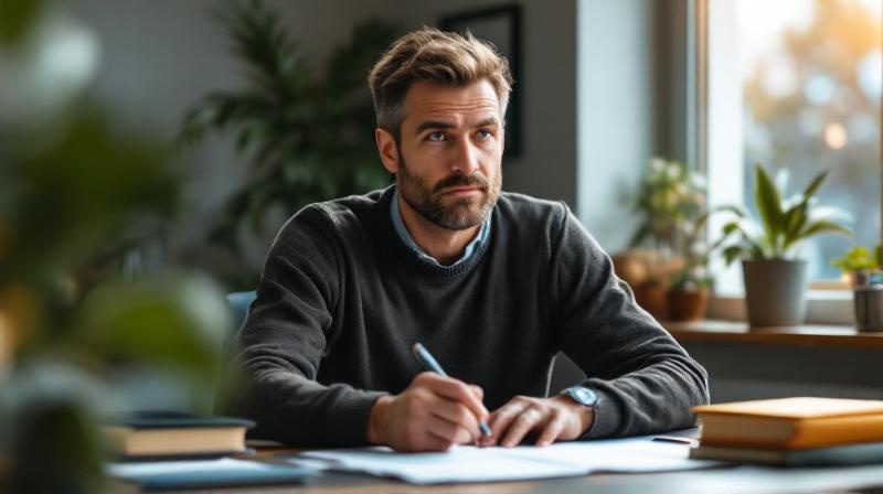 Mann sortiert am Schreibtisch Unterlagen zu verschiedenen Weiterbildungsoptionen und überlegt konzentriert