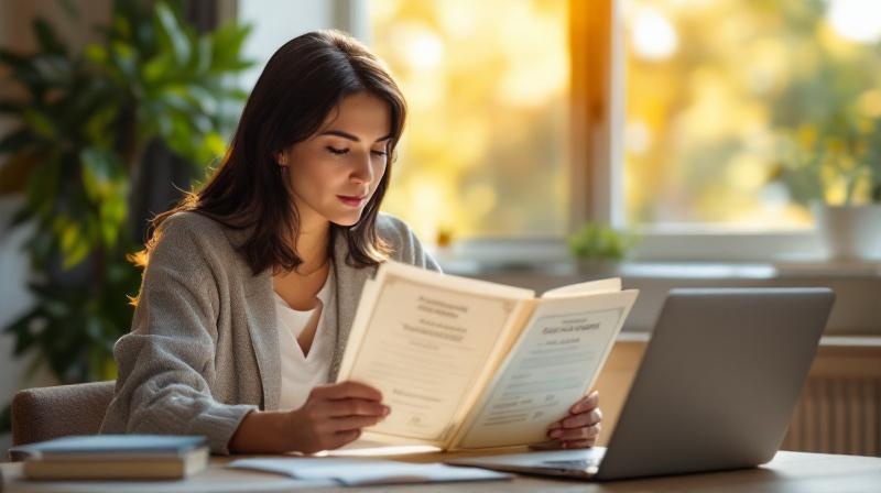 Frau betrachtet Zeugnismappe am Küchentisch, Laptop mit anabin-Seite geöffnet