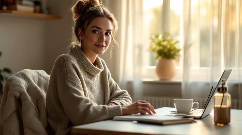 Frau im Homeoffice mit Laptop, Wasserflasche und Notizheft, ruhige Arbeitsumgebung