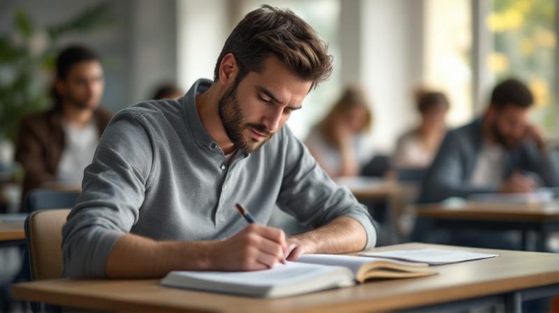 Junger Mann im Berufssprachkurs, Hände auf Tastatur, ruhige Lernatmosphäre