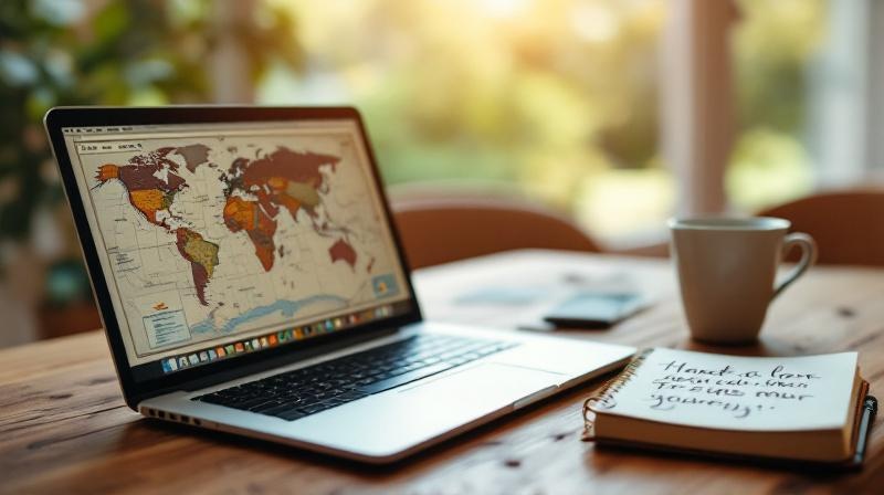 Laptop auf einem Tisch mit einer Karte im Hintergrund, Kaffeetasse und Notizblock