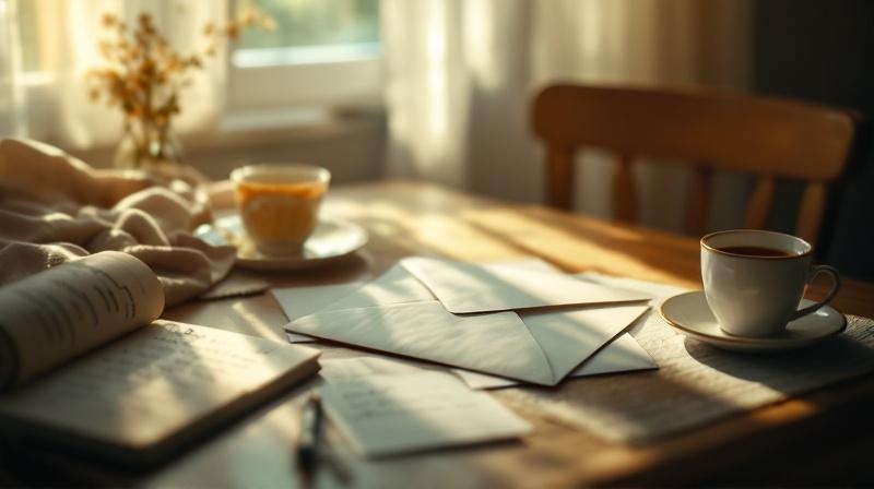 Geöffneter Briefumschlag mit einem Schreiben, Tasse Tee und Notizblock auf einem Küchentisch