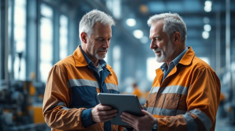 Zwei Kollegen in einer Produktionshalle, einer hält ein Tablet, natürliches Licht