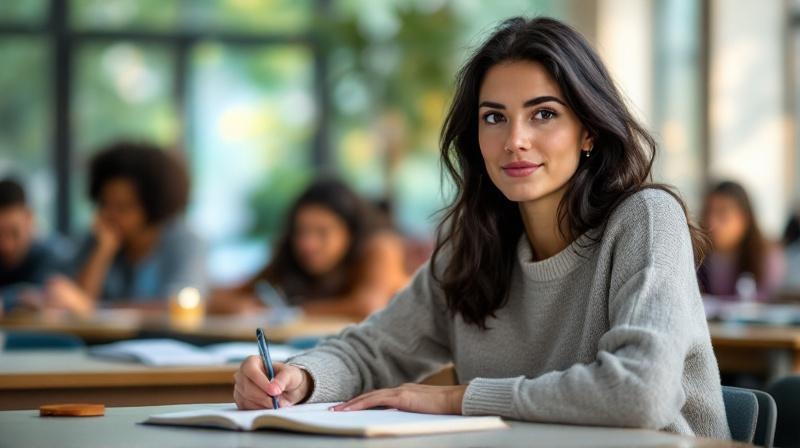 Frau Anfang 30 im Integrationskurs, konzentriert beim Schreiben, gemischte Gruppe im Hintergrund